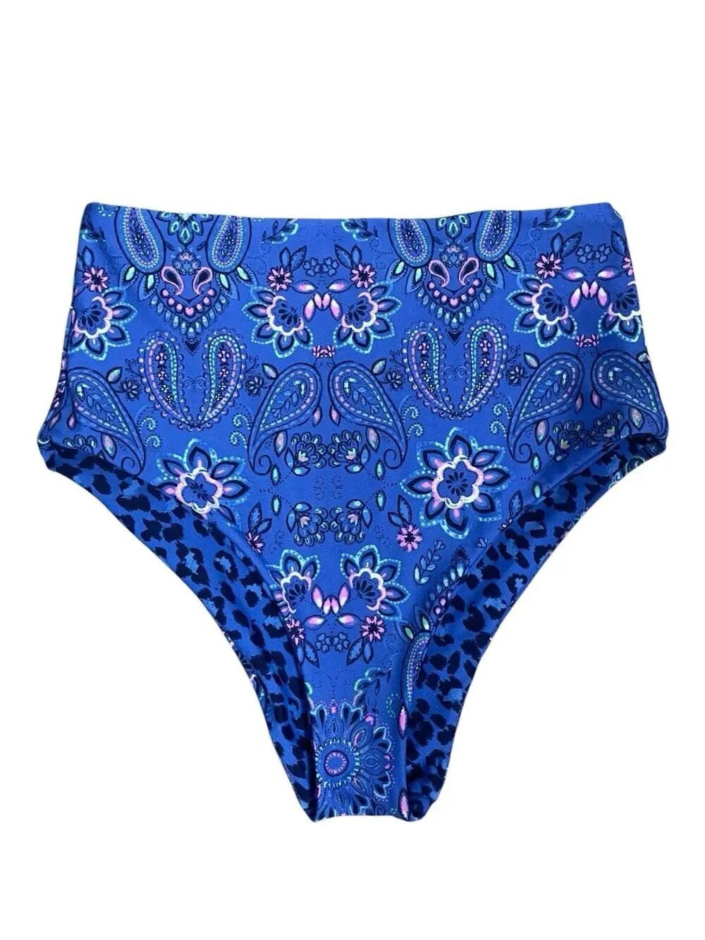 Reversible High Waisted Bikini Bottom Blue Leopard Paisley Women’s Size S